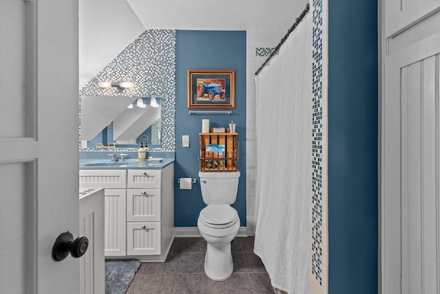 N3510 Lotus Dr, Montello, WI 53949 - bathroom featuring toilet, vanity, tile patterned flooring, curtained shower, and baseboards