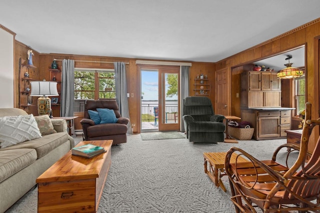 N3510 Lotus Dr, Montello, WI 53949 - living room with wood walls, light colored carpet, and crown molding