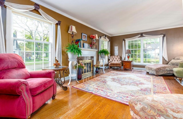 326 W Parkway Blvd, Appleton, WI 54911 - living room with wood finished floors, crown molding, and a tiled fireplace