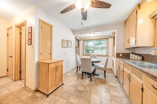 2114 S 81st St, West Allis, WI 53219 - kitchen featuring a sink, light brown cabinetry, ceiling fan, and baseboards