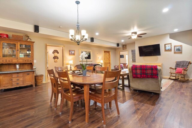 N9281 Perkins Rd, Mindoro, WI 54644 - dining space featuring recessed lighting, a ceiling fan, dark wood-style flooring, a chandelier, and baseboards