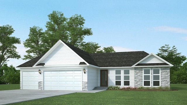 831 Sarah St, Belleville, WI 53508 - view of front facade with stone siding, an attached garage, a front yard, and concrete driveway