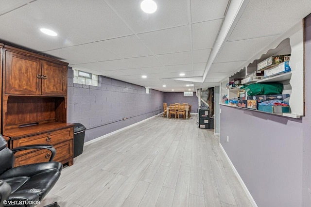 2300 W Lawn Ave, Racine, WI 53405 - game room featuring baseboards, light wood-type flooring, a paneled ceiling, concrete block wall, and recessed lighting