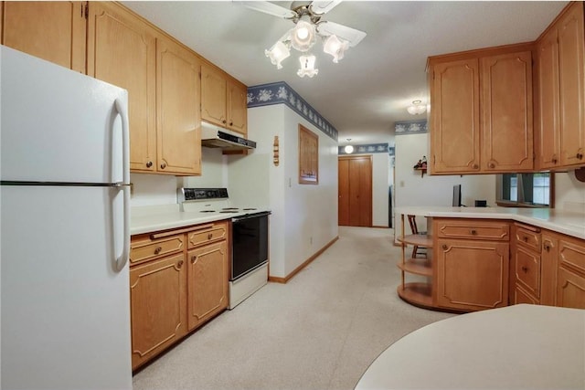 407 S Scott St, Elmwood, WI 54740 - kitchen with freestanding refrigerator, electric range oven, under cabinet range hood, ceiling fan, and light countertops
