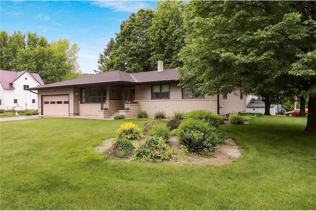 407 S Scott St, Elmwood, WI 54740 - ranch-style home featuring a garage, a front lawn, a chimney, and brick siding