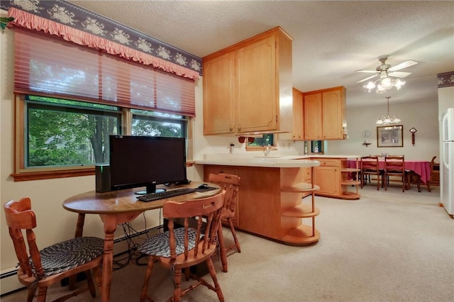 407 S Scott St, Elmwood, WI 54740 - kitchen with light colored carpet, light brown cabinetry, freestanding refrigerator, open shelves, and a textured ceiling