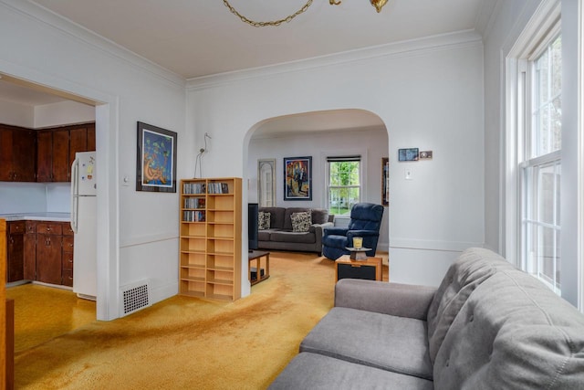 7312 5th Ave, Kenosha, WI 53143 - living room featuring arched walkways, crown molding, and light colored carpet