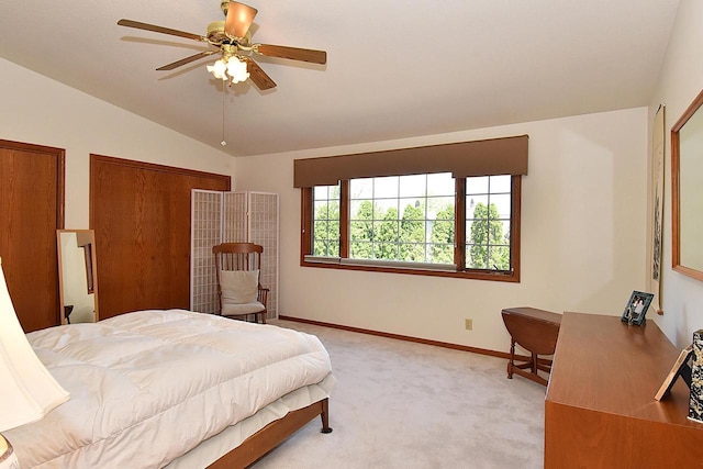 10320 W Whitnall Edge Cir Unit A, Franklin, WI 53132 - bedroom featuring lofted ceiling, light carpet, baseboards, and a ceiling fan