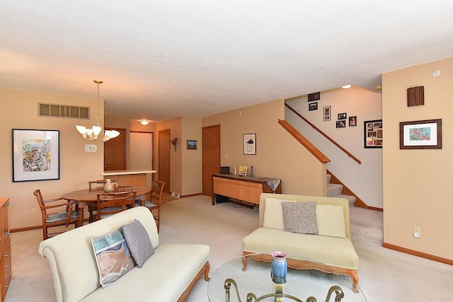 10320 W Whitnall Edge Cir Unit A, Franklin, WI 53132 - living area with light colored carpet, a chandelier, stairway, baseboards, and a textured ceiling