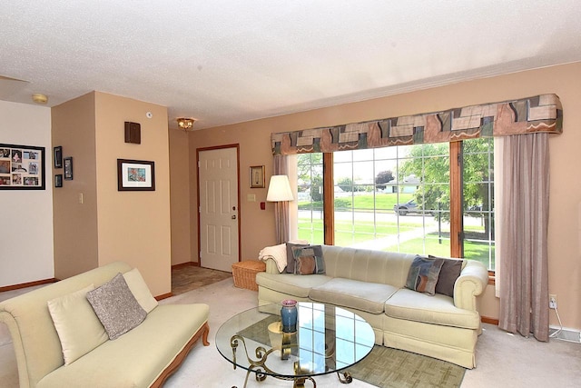 10320 W Whitnall Edge Cir Unit A, Franklin, WI 53132 - living room featuring light colored carpet, plenty of natural light, baseboards, and a textured ceiling