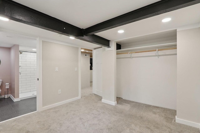 N62W23527 Sliver Spring Dr, Sussex, WI 53089 - unfurnished bedroom with carpet floors, a closet, recessed lighting, beamed ceiling, and baseboards