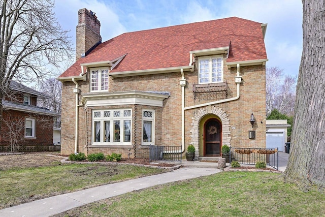 529 N 68th St, Wauwatosa, WI 53213 - view of front facade featuring a front yard, a chimney, brick siding, and a shingled roof