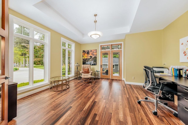 N49W35398 Wisconsin Ave, Oconomowoc, WI 53066 - office space featuring a raised ceiling, wood finished floors, french doors, and baseboards