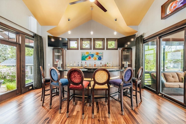 N49W35398 Wisconsin Ave, Oconomowoc, WI 53066 - indoor wet bar featuring wood finished floors, lofted ceiling, ceiling fan, decorative light fixtures, and healthy amount of natural light