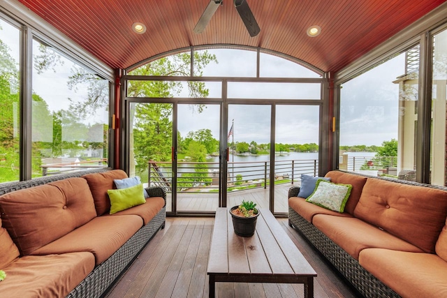N49W35398 Wisconsin Ave, Oconomowoc, WI 53066 - sunroom / solarium with a water view, an outdoor living space, ceiling fan, and vaulted ceiling