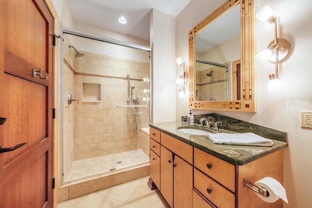 N49W35398 Wisconsin Ave, Oconomowoc, WI 53066 - bathroom featuring a stall shower, vanity, tile patterned floors, and recessed lighting