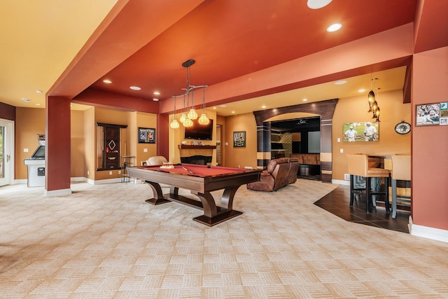 N49W35398 Wisconsin Ave, Oconomowoc, WI 53066 - recreation room featuring billiards table, a fireplace, carpet floors, recessed lighting, and baseboards