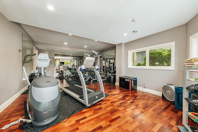 N49W35398 Wisconsin Ave, Oconomowoc, WI 53066 - workout area with wood finished floors, baseboards, and recessed lighting