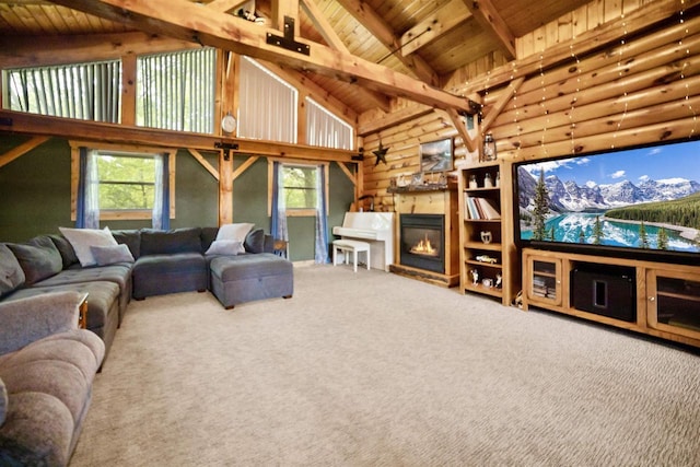 29774 Whispering Pines Rd, Lone Rock, WI 53556 - living area with wood ceiling with exposed beams, carpet, high vaulted ceiling, log walls, and a large fireplace