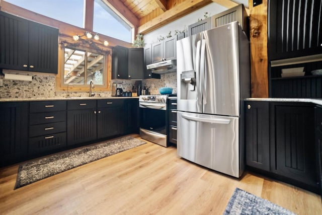 29774 Whispering Pines Rd, Lone Rock, WI 53556 - kitchen with stainless steel appliances, under cabinet range hood, light wood-type flooring, wooden ceiling, and a sink