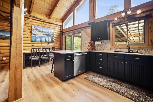 29774 Whispering Pines Rd, Lone Rock, WI 53556 - kitchen featuring log walls, dishwasher, a sink, wooden ceiling with exposed beams, and a peninsula