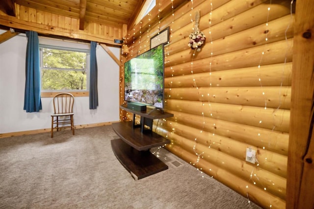 29774 Whispering Pines Rd, Lone Rock, WI 53556 - living area featuring wooden ceiling, log walls, carpet flooring, baseboards, and vaulted ceiling