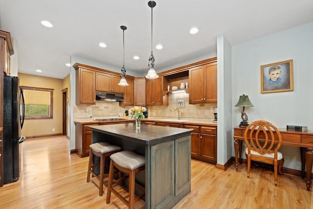 W522 Highland Rd, Genoa City, WI 53128 - kitchen with under cabinet range hood, freestanding refrigerator, a sink, light wood-style floors, and decorative backsplash