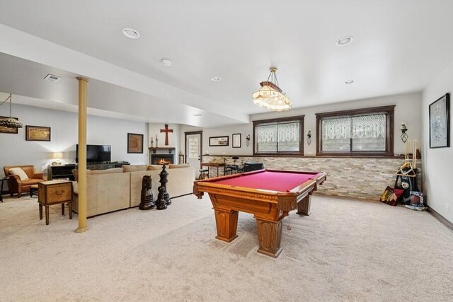 W522 Highland Rd, Genoa City, WI 53128 - rec room featuring carpet flooring, a lit fireplace, and billiards table