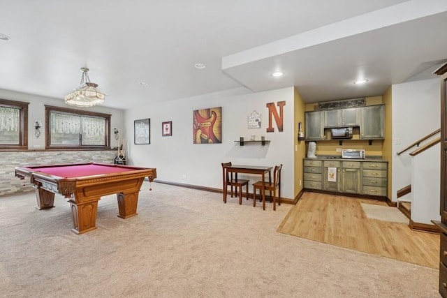 W522 Highland Rd, Genoa City, WI 53128 - game room with light colored carpet, billiards, baseboards, and recessed lighting