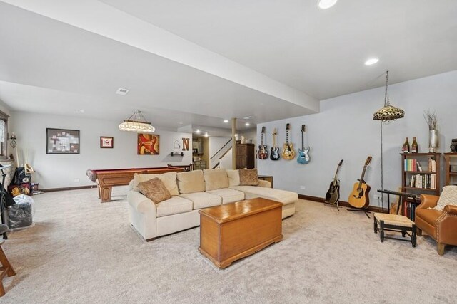 W522 Highland Rd, Genoa City, WI 53128 - living room featuring carpet floors, billiards table, baseboards, and recessed lighting