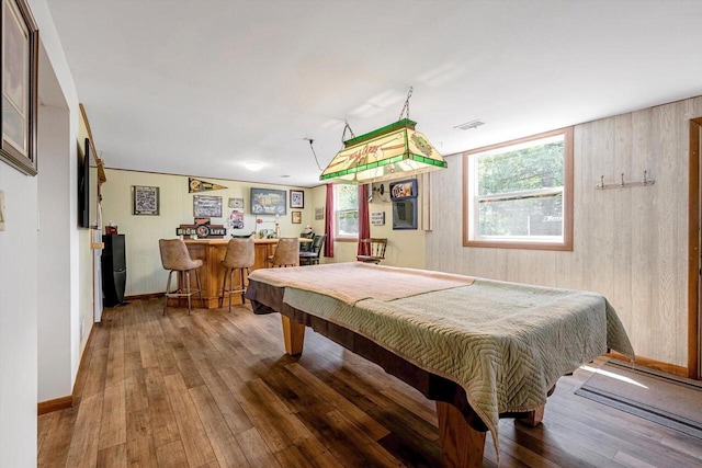 3005 S St, East Troy, WI 53120 - playroom with a dry bar, hardwood / wood-style flooring, billiards, and wooden walls