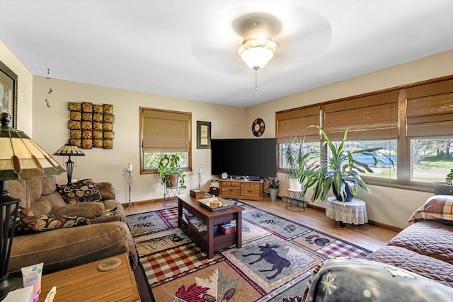 3005 S St, East Troy, WI 53120 - living area with ceiling fan, wood finished floors, and baseboards