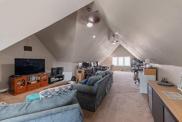 518-520 E Glover Ave, Milwaukee, WI 53212 - living area featuring light colored carpet, vaulted ceiling, ceiling fan, and a textured ceiling