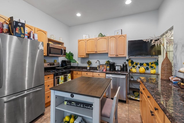 518-520 E Glover Ave, Milwaukee, WI 53212 - kitchen featuring appliances with stainless steel finishes, open shelves, a sink, light brown cabinetry, and recessed lighting