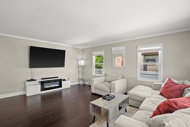 915 E Ohio Ave, Milwaukee, WI 53207 - living room featuring wood-type flooring, crown molding, baseboards, and a glass covered fireplace