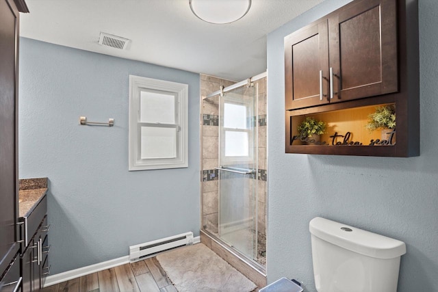 915 E Ohio Ave, Milwaukee, WI 53207 - bathroom with a baseboard heating unit, wood finished floors, vanity, a stall shower, and toilet