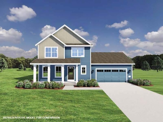 1001 5 Mile Rd, Racine, WI 53402 - view of front facade with a garage, a front yard, concrete driveway, and board and batten siding