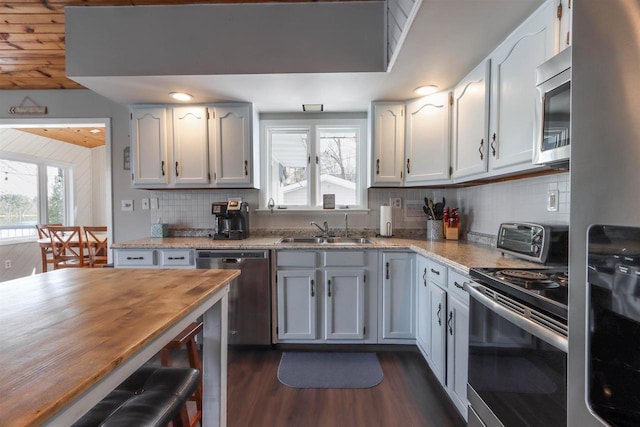 N1416 W Stratton Rd, Waupaca, WI 54981 - kitchen with stainless steel appliances, a sink, dark wood-style floors, backsplash, and white cabinets