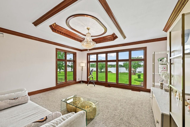 S82W15980 Bass Bay Ln, Muskego, WI 53150 - living room featuring a water view, ornamental molding, carpet flooring, a chandelier, and baseboards