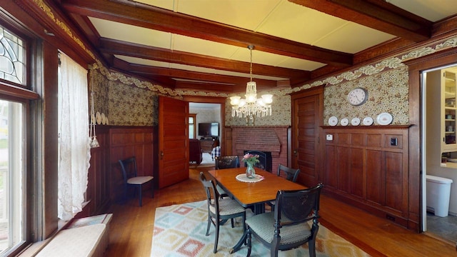 300 S Vine Ave, Marshfield, WI 54449 - dining room featuring wallpapered walls, wood finished floors, a wainscoted wall, a chandelier, and beam ceiling