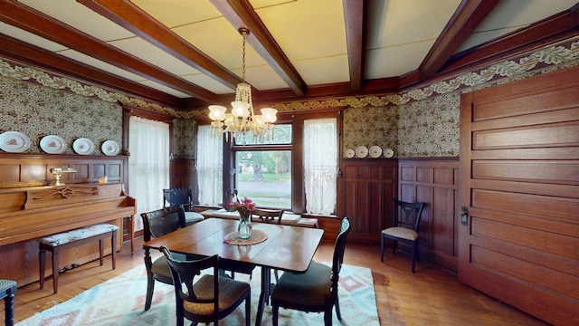 300 S Vine Ave, Marshfield, WI 54449 - dining room featuring wallpapered walls, wainscoting, a chandelier, light wood finished floors, and beam ceiling