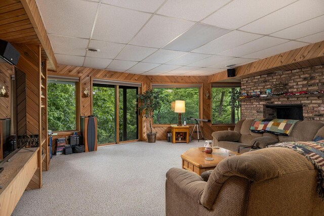 N1440 Red Oaks Dr, La Crosse, WI 54601 - living room featuring wood walls, plenty of natural light, carpet, a paneled ceiling, and a fireplace