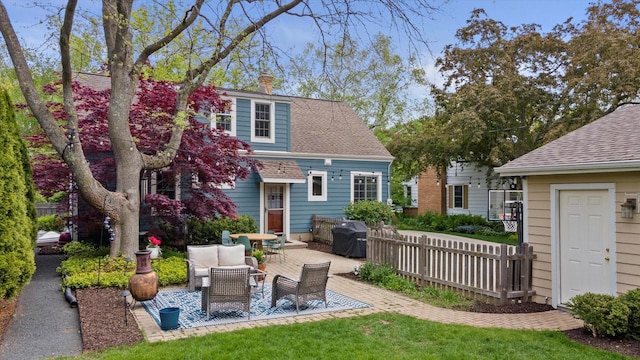 415 E Willow Rd, Fox Point, WI 53217 - rear view of property with a patio area, a shingled roof, and a chimney