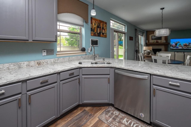 1712 Galena Dr, Port Washington, WI 53074 - kitchen featuring dishwasher, gray cabinets, a sink, dark wood finished floors, and healthy amount of natural light