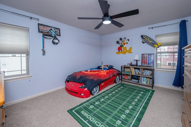 1712 Galena Dr, Port Washington, WI 53074 - bedroom featuring carpet flooring, baseboards, a ceiling fan, and a textured ceiling