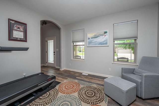 1712 Galena Dr, Port Washington, WI 53074 - sitting room featuring healthy amount of natural light, dark wood-style floors, baseboards, and arched walkways
