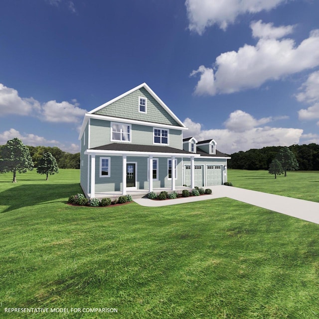 633 Standing Stone Dr, Waukesha, WI 53189 - view of front facade with covered porch, driveway, a garage, and a front lawn