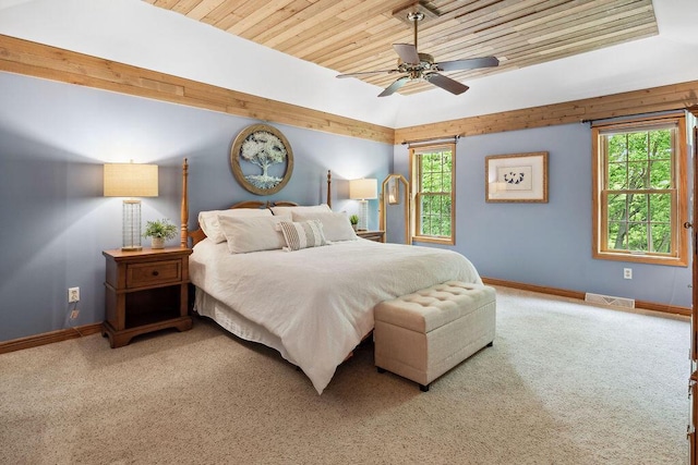 936 Broken Bow Ct, Delafield, WI 53018 - carpeted bedroom featuring wood ceiling, multiple windows, baseboards, and ceiling fan