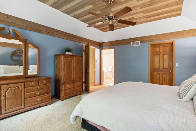 936 Broken Bow Ct, Delafield, WI 53018 - bedroom with wooden ceiling, light colored carpet, vaulted ceiling, ensuite bathroom, and a ceiling fan