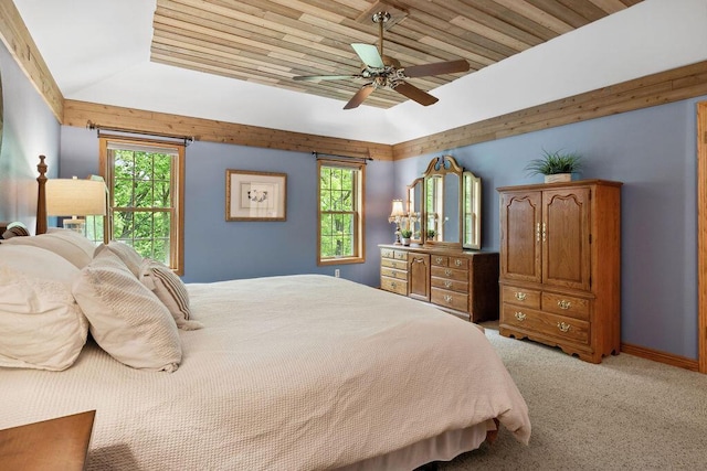 936 Broken Bow Ct, Delafield, WI 53018 - bedroom featuring light colored carpet, multiple windows, wood ceiling, a ceiling fan, and baseboards